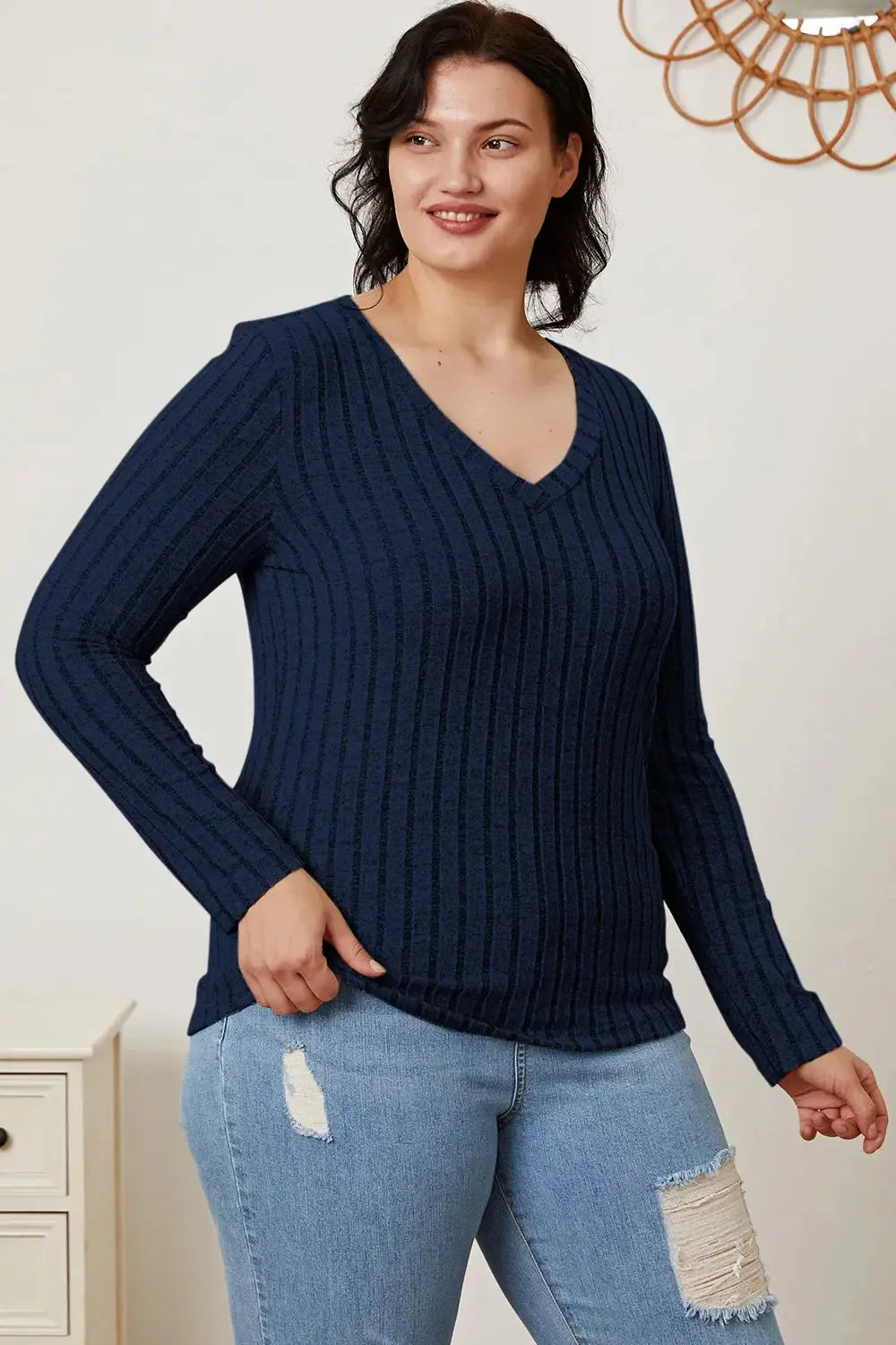 Basic Bae Full Size Ribbed V-Neck Long Sleeve T-Shirt - Love Salve